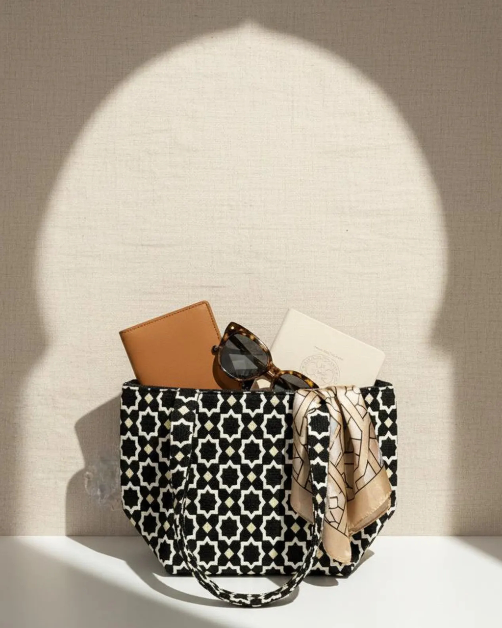 Sac cabas marocain Zellij – Sac grand en tissu marocain fait main à motif mosaïque géométrique